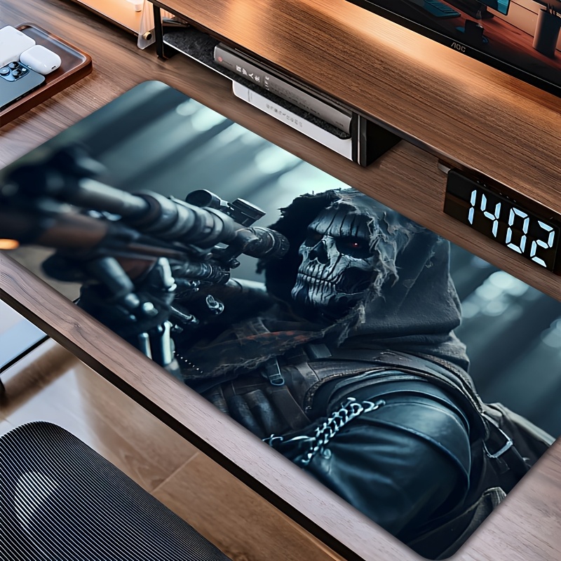 Esports Gaming Design - แผ่นรองเมาส์เกมมิ่งลายกริมรีปเปอร์ขนาดใหญ่ ดีไซน์หัวกะโหลกสวมฮู้ด ลายสไนเปอร์ล่องหน ฐานยางกันลื่น สำหรับเล่นเกมสยองขวัญ อีสปอร์ต