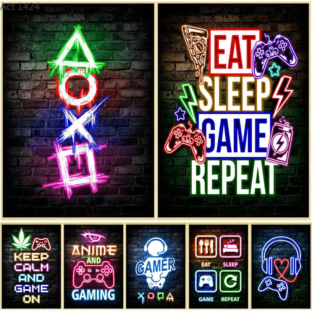 Esports Gaming Poster - โปสเตอร์ผ้าแคนวาสลายเกมมิ่ง นีออน Eat Sleep Game Repeat