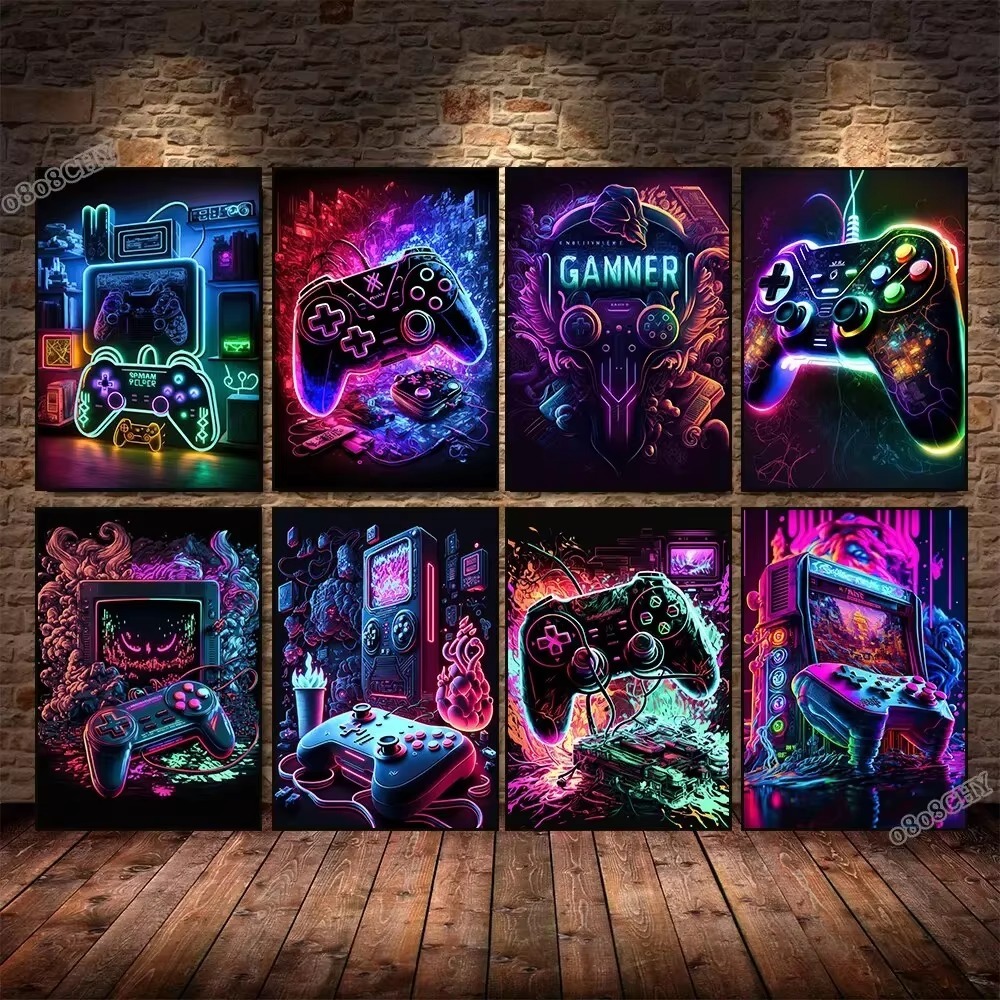 Esports Gaming Poster - นีออนเกมผ้าใบภาพวาดเกมคอนโทรลเลอร์Gamepad Gamingโปสเตอร์ผ้าใบพิมพ์ภาพผนังE-Sports Gamer Room Decor