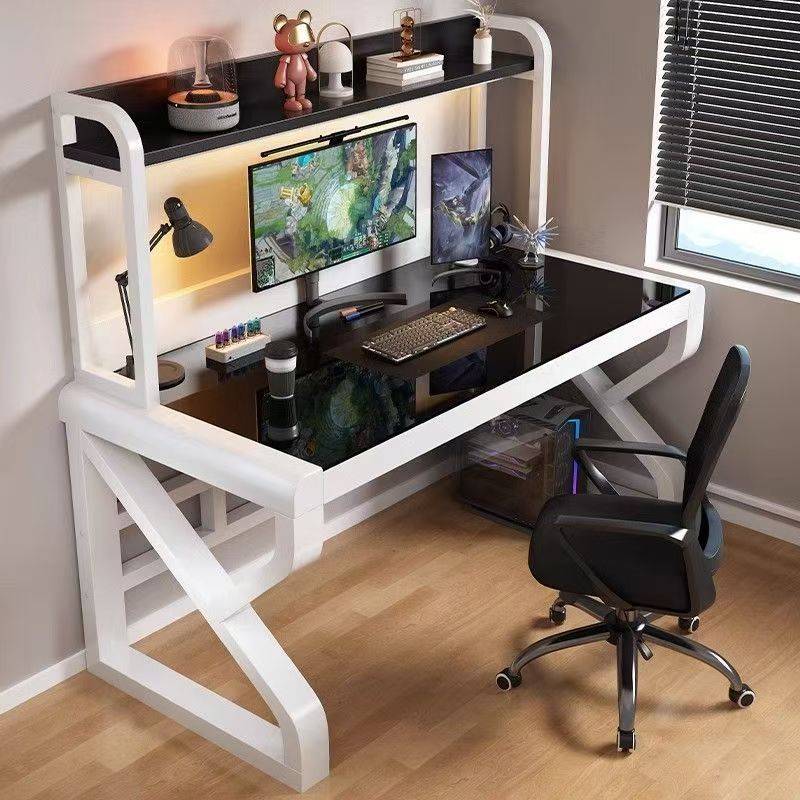 Esports Gaming Design - โต๊ะเกมมิ่งแบบครบวงจรพร้อมกระจกนิรภัย ชั้นวางหนังสือแบบเจาะรู พื้นผิวสำหรับเขียน สำหรับห้องนอน โฮมออฟฟิศ-ดีไซน์สำหรับอีสปอร์ต
